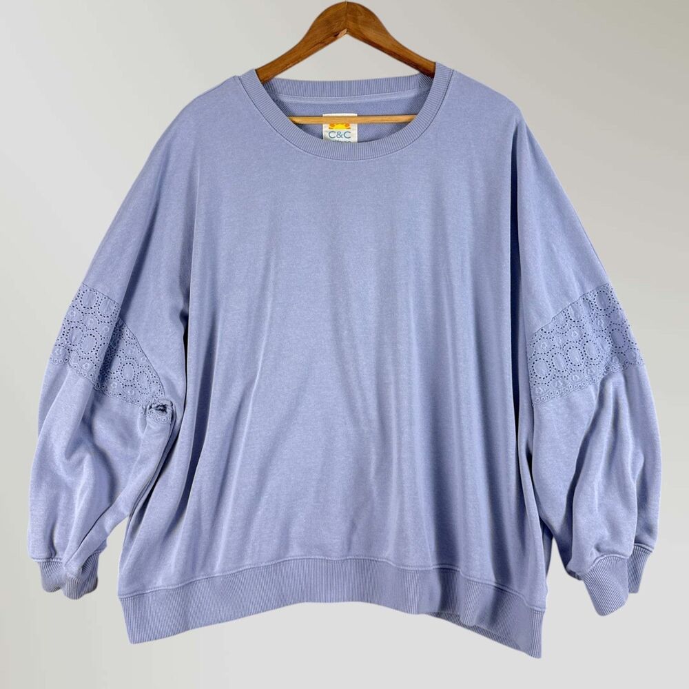 C&C California Women’s Sweatshirt Lilac Purple Lace Pattern Sleeve Comfy Size 3X